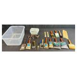 Large Assortment of Paint Brushes, Stirrers, Spurs, Small Containers and Art Brushes