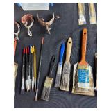 Large Assortment of Paint Brushes, Stirrers, Spurs, Small Containers and Art Brushes