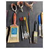 Large Assortment of Paint Brushes, Stirrers, Spurs, Small Containers and Art Brushes