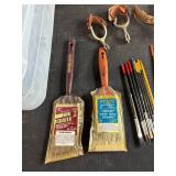 Large Assortment of Paint Brushes, Stirrers, Spurs, Small Containers and Art Brushes