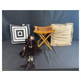 Wood Folding Stool with 2 Decorative Pillows and Witch Doll