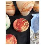 Collection of Southwestern Style Pottery, Art Glass Sculpture, and Fabric Textiles