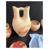 Collection of Southwestern Style Pottery, Art Glass Sculpture, and Fabric Textiles