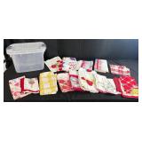 Collection of Vintage Printed and Embroidered Kitchen Towels with Storage Bin