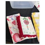 Collection of Vintage Printed and Embroidered Kitchen Towels with Storage Bin