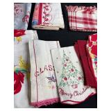 Collection of Vintage Printed and Embroidered Kitchen Towels with Storage Bin