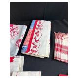 Collection of Vintage Printed and Embroidered Kitchen Towels with Storage Bin