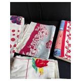 Collection of Vintage Printed and Embroidered Kitchen Towels with Storage Bin