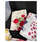 Collection of Vintage Printed and Embroidered Kitchen Towels with Storage Bin