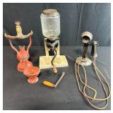 Collection of Antique Kitchen Grinder, Arcade Coffee Mill, and Candlestick Telephone