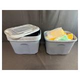 Lot of 2 Large Plastic Storage Totes with Lids and Assorted Packing Materials