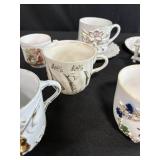 Collection of Antique and Vintage Porcelain Cups and Saucers with Handpainted Details