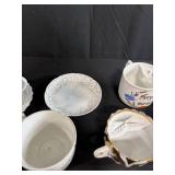 Collection of Antique and Vintage Porcelain Cups and Saucers with Handpainted Details