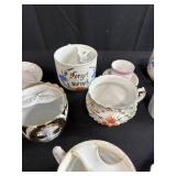 Collection of Antique and Vintage Porcelain Cups and Saucers with Handpainted Details