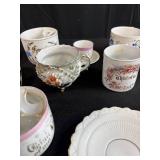 Collection of Antique and Vintage Porcelain Cups and Saucers with Handpainted Details
