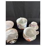 Collection of Antique and Vintage Porcelain Cups and Saucers with Handpainted Details