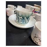 Collection of Antique and Vintage Porcelain Cups and Saucers with Handpainted Details