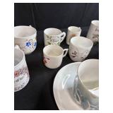 Collection of Antique and Vintage Porcelain Cups and Saucers with Handpainted Details
