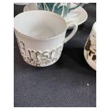 Collection of Antique and Vintage Porcelain Cups and Saucers with Handpainted Details