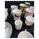 Collection of Antique and Vintage Porcelain Cups and Saucers with Handpainted Details