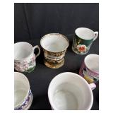 Collection of Antique and Vintage Porcelain Cups and Saucers with Handpainted Details