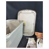 Gray Storage Tote with Lid and Assorted Tree Bark Pieces