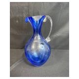 Signed Handblown Blue Art Glass Pitcher with Clear Handle, 12 Inch Tall