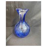 Signed Handblown Blue Art Glass Pitcher with Clear Handle, 12 Inch Tall