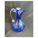 Signed Handblown Blue Art Glass Pitcher with Clear Handle, 12 Inch Tall