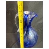 Signed Handblown Blue Art Glass Pitcher with Clear Handle, 12 Inch Tall