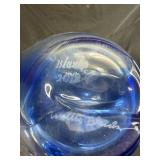 Signed Handblown Blue Art Glass Pitcher with Clear Handle, 12 Inch Tall