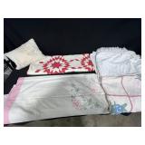 Vintage Quilt and Linen Assortment with Embroidered and Chenille Details & Pillow