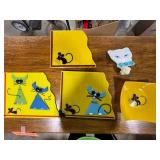 Set of Fused Glass Cat and Mouse Trays Signed by Artist with Cat Face Night Light