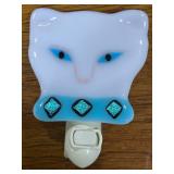 Set of Fused Glass Cat and Mouse Trays Signed by Artist with Cat Face Night Light