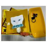 Set of Fused Glass Cat and Mouse Trays Signed by Artist with Cat Face Night Light