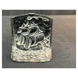 Collection with Vintage Globe, Signed Glass Sculpture, and Ship Bookend