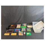 Assorted Board Game Pieces, Dominoes Sets, Poker Chips, and Storage Bin
