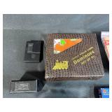 Assorted Board Game Pieces, Dominoes Sets, Poker Chips, and Storage Bin