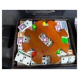 Assorted Board Game Pieces, Dominoes Sets, Poker Chips, and Storage Bin