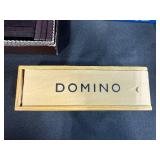 Assorted Board Game Pieces, Dominoes Sets, Poker Chips, and Storage Bin