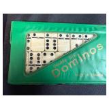 Assorted Board Game Pieces, Dominoes Sets, Poker Chips, and Storage Bin