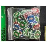 Assorted Board Game Pieces, Dominoes Sets, Poker Chips, and Storage Bin