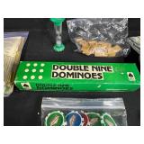 Assorted Board Game Pieces, Dominoes Sets, Poker Chips, and Storage Bin