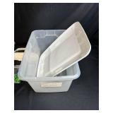 Assorted Board Game Pieces, Dominoes Sets, Poker Chips, and Storage Bin