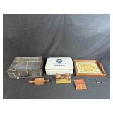 Vintage Mixed Lot: Tartan Case, Bahamas Airways Bag, Wood Tray, Tools and Collectibles