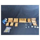 Collection of Vintage Wooden Advertising Boxes, Glass Hand Figurines, and Decorative Miniatures