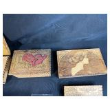 Collection of Vintage Wooden Advertising Boxes, Glass Hand Figurines, and Decorative Miniatures