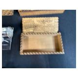 Collection of Vintage Wooden Advertising Boxes, Glass Hand Figurines, and Decorative Miniatures