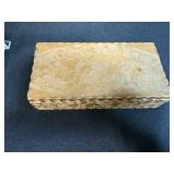 Collection of Vintage Wooden Advertising Boxes, Glass Hand Figurines, and Decorative Miniatures