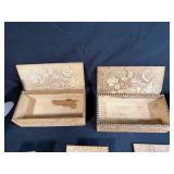 Collection of Vintage Wooden Advertising Boxes, Glass Hand Figurines, and Decorative Miniatures